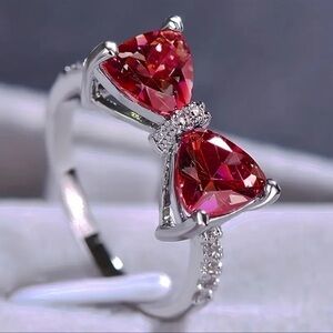 Cubic Zirconia, Garnet Red Color, Simulated Gemstone Silver plated Bow Ring Sz 6